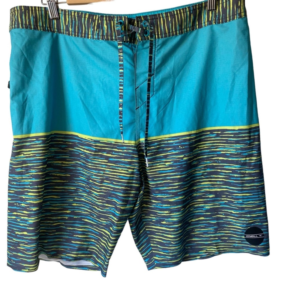 Oneill Hyperfreak boardshorts swim trunks blue yellow stripes men 36